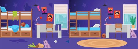 Dirty messy kids room interior with dirty walls and scattered clothes, flat vector illustration. Banner design for childrens untidiness and disobedience concept.