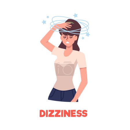 Ilustración de Woman suffering from dizziness, flat vector illustration isolated on white background. Character disorientated in space feeling headache and giddiness. - Imagen libre de derechos