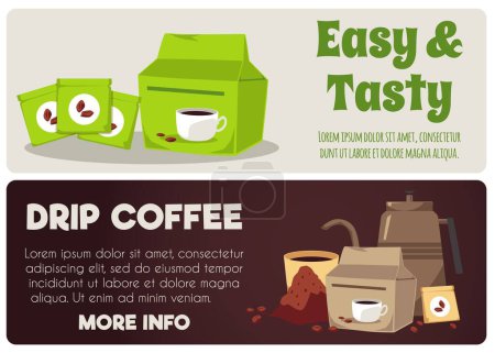 Illustration for Instant coffee and drip brewed coffee advertising banners set, flat vector illustration. Equipment for coffee brewing - kettle with gooseneck, grounded coffee, filters and cups. - Royalty Free Image
