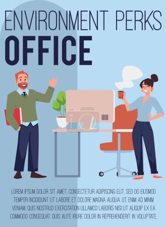 Téléchargez les illustrations : Office with environment perks, poster template - flat vector illustration. Concept of employee benefits. Happy people working in pleasant environment. - en licence libre de droit