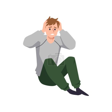 Téléchargez les illustrations : Worried panicked man sitting on the floor and clutching his head with his hands in hysterics and stress, flat vector illustration isolated on white background. - en licence libre de droit