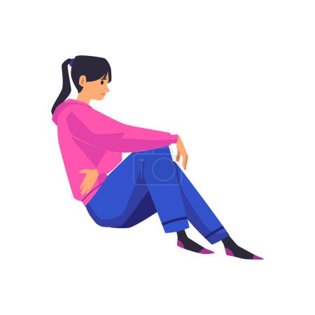 Illustration for Lonely woman sitting on the floor exhausted and emotionally burned out, flat vector illustration isolated on white background. Sad frustrated young woman in stress. - Royalty Free Image