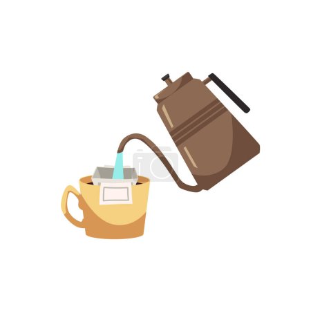 Illustration for Pouring hot water over paper filter with ground coffee, flat vector illustration isolated on white background. Process of making drip brewed coffee. Gooseneck kettle with boiled water. - Royalty Free Image