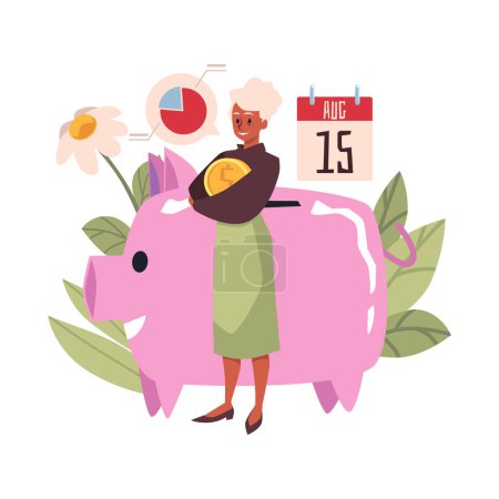 Téléchargez les illustrations : Happy senior woman waiting for retirement with pension, flat vector illustration isolated on white background. Piggy bank as symbol of money savings. Concept of employee benefits. - en licence libre de droit