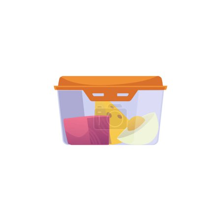 Téléchargez les illustrations : Plastic transparent food container with lid - flat vector illustration isolated on white background. Meat, cheese and egg stored in lunch box. - en licence libre de droit