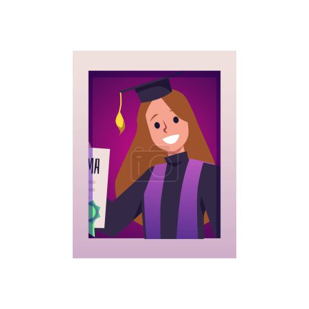 Illustration for Graduation photo in frame, happy woman holding diploma - flat vector illustration isolated on white background. College or school graduation. Person taking photo with university diploma. - Royalty Free Image