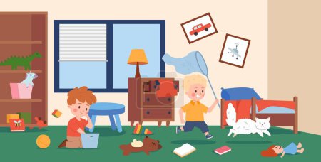 Messy kids playing in bedroom with toys, cartoon flat vector illustration. Sibling boys making mess in the room and chasing cat. Disobedient children concept.
