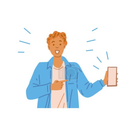 Illustration for Surprised man points his finger at mobile phone, flat vector illustration isolated on white background. screen. Surprise unexpected gift or news concept. - Royalty Free Image