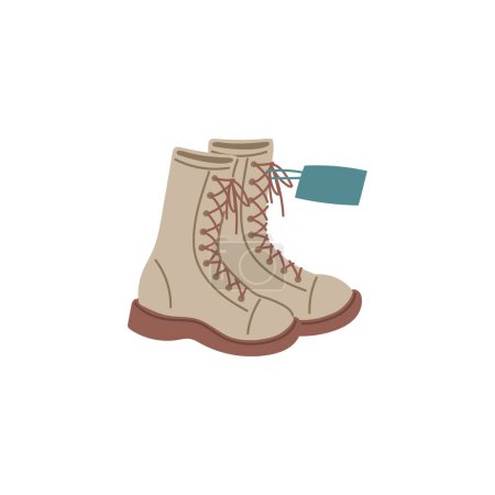 Fashion brand new boots with price tag or label flat vector illustration isolated on white background. Shoes sale and footwear discount sign or symbol.