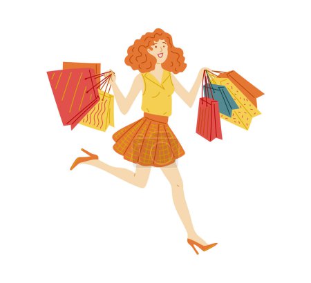 Illustration for Woman or young girl with a bunch of shopping bags flat vector illustration isolated on white background. Compulsive purchasing and shopaholism, dependence on purchases. - Royalty Free Image