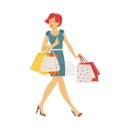 Téléchargez les illustrations : Compulsive purchasing and shopaholism, pathological dependence on purchases. Woman overspending and overbuying, flat vector illustration isolated on white background. - en licence libre de droit