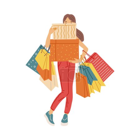 Téléchargez les illustrations : Woman overbuys during sales, flat vector illustration isolated on white background. Spontaneous or conscious shopaholism and psychological dependence on purchases. - en licence libre de droit