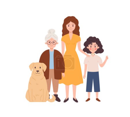 Ilustración de Portrait of happy family or relatives, flat cartoon vector illustration isolated on white background. Portrait of a family consisting of mother, grandmother and child. - Imagen libre de derechos