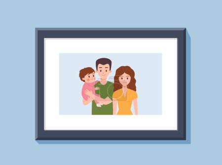 Ilustración de Portrait or photo of happy family consisting of mother, father and child, flat vector illustration isolated on white background. Family portrait ot picture in frame. - Imagen libre de derechos