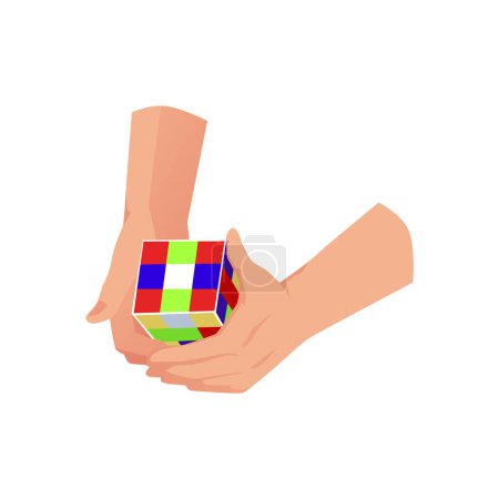 Téléchargez les illustrations : Personne résolvant Rubik s cube, dessin animé plat vecteur illustration isolé sur fond blanc. Puzzle Rubik cube, concepts de jeux éducatifs intelligents et de jouets fidget. Mains avec cube puzzle. - en licence libre de droit