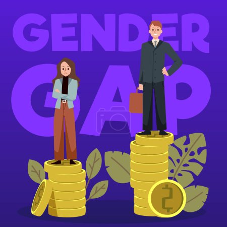 Gender gap abstract poster with man and woman have unequal wage, flat vector illustration. Concept of discrimination against women at workplace. Female person earns less coins than male.