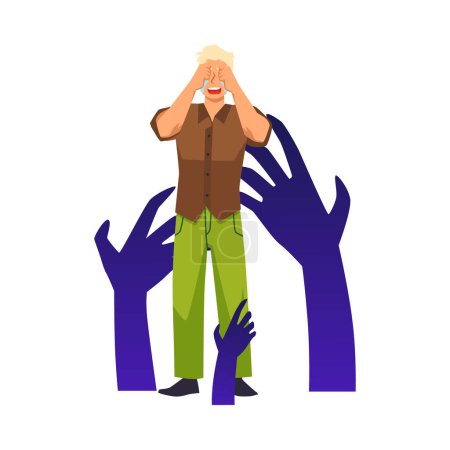 Téléchargez les illustrations : Man in anxiety haunted by fears and phobias. Frightened crying man for theme of psychological help, flat vector illustration isolated on white background. - en licence libre de droit