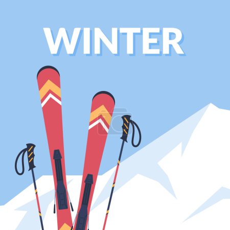 Illustration for Winter sports card or banner design with skis in snowdrift at mountain backdrop, flat vector illustration. Winter sport activity banner or poster template. - Royalty Free Image