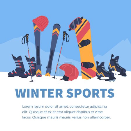 Cartel de deportes de invierno o plantilla de pancarta con equipo deportivo en el fondo de la montaña, ilustración vectorial plana. Actividad de invierno y anuncio de resort pancarta o folleto.