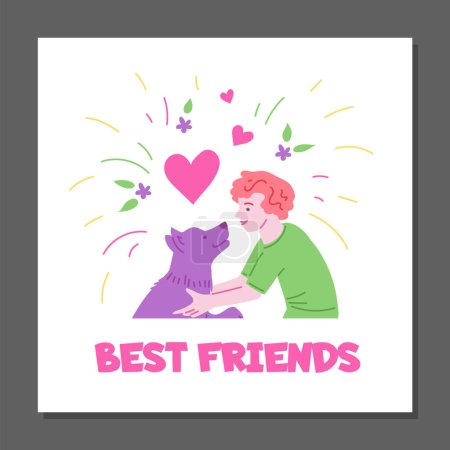 Boy cuddling dog, best friends inscription, poster template - hand drawn flat vector illustration. Happy kid hugging his dog. Concepts of pet owning, friendship and love.