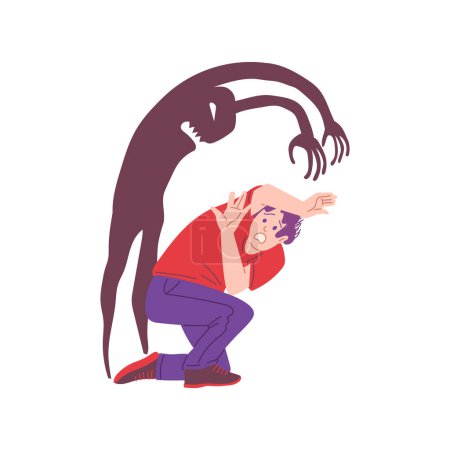 Illustration for Frightened panicked man crouching in fear. Man has phobia and panic attack, mental disorder or halluzination flat vector illustration isolated on white background. - Royalty Free Image