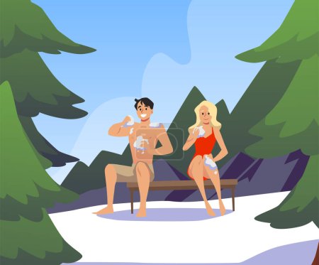Illustration for Man and woman wiping with snow, hardening concept - flat vector illustration. People sitting in winter forest in swimsuits. Healthy lifestyle and immune system support and strengthening. - Royalty Free Image