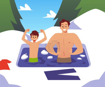 Illustration for Father and son swimming in ice-hole in winter, flat vector illustration. Concepts of hardening and immune system support and strengthening. Healthy child and man swimming in cold water. - Royalty Free Image