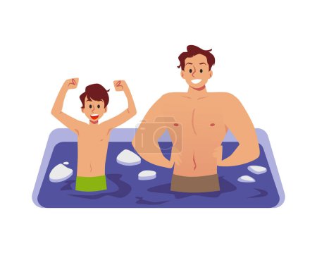 Illustration for Man and boy hardening in ice hole, flat vector illustration isolated on white background. Bathing in ice water for body hardening and immune system boost. - Royalty Free Image