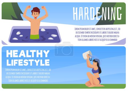 Illustration for Set of banners of healthy lifestyle and hardening procedures, flat vector illustration. Banners or posters collection depicting people hardening at low temperatures. - Royalty Free Image