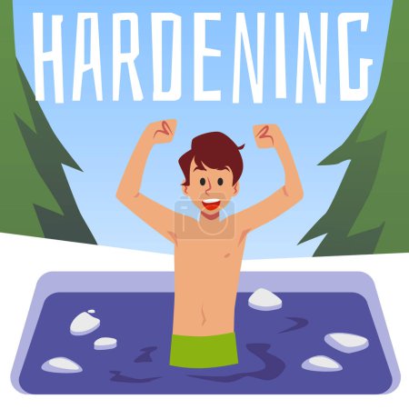 Illustration for Hardening therapy poster, child boy swimming in cold water, flat vector illustration. Immune system support and strengthening. Healthy lifestyle. Kid swimming in ice-hole. - Royalty Free Image