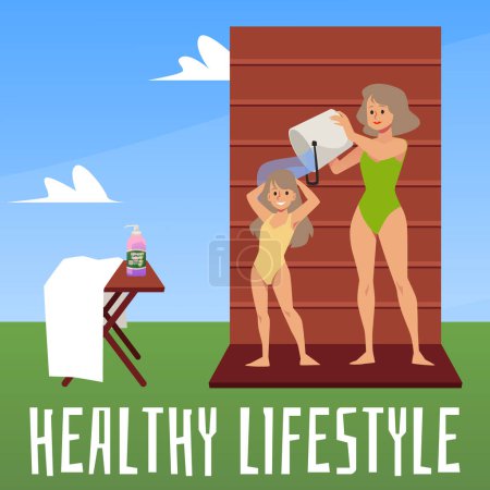 Illustration for Healthy lifestyle and hardening banner with mother douses her daughter with icy water from bucket, flat vector illustration. Health maintenance and body hardening poster. - Royalty Free Image