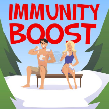 Illustration for Immunity boost banner design with people rub their skin with snow for disease resistance and body hardening, flat vector illustration. Hardening body and immune system. - Royalty Free Image