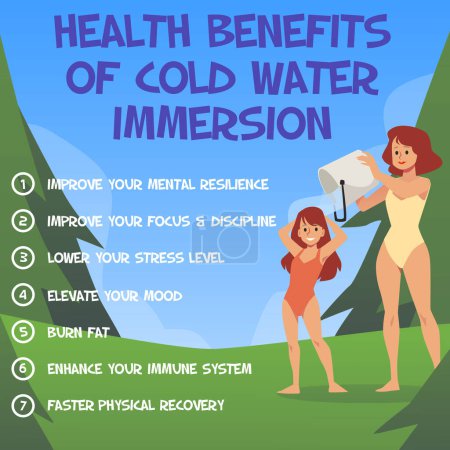 Illustration for Low temperatures water hardening and tempering procedures benefits banner, flat vector illustration. Banner or poster design depicting hardening benefits for health. - Royalty Free Image