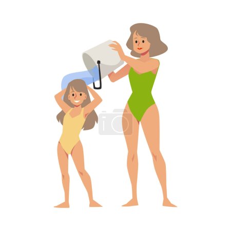 Illustration for Mother douses her daughter with icy water from bucket to harden the body health and maintain immunity, flat vector illustration isolated on white background. - Royalty Free Image