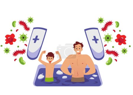 Illustration for Healthy father and son during body hardening procedure in ice-hole, flat vector illustration isolated on white background. Benefits of hardening for immune system. - Royalty Free Image