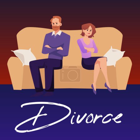 Banner or poster with couple on verge of divorce and breakup, flat vector illustration. Conflicts between husband and wife and bad relationships in family.