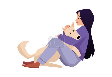 Illustration for Young girl playing with dog, characters for emotional support animal and pets therapy, veterinary topics, flat vector illustration isolated on white background. - Royalty Free Image