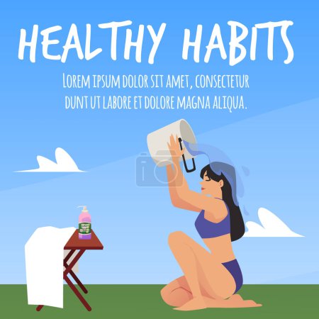 Illustration for Healthy lifestyle habits banner or poster design woman practicing hardening, flat vector illustration. Healthy active lifestyle and immune boost promotion. - Royalty Free Image