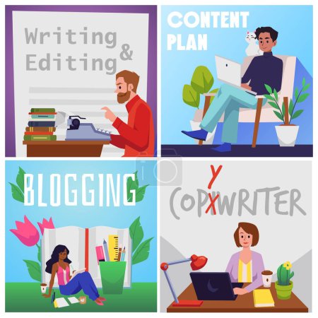 Illustration for Copywriting and blogging professional occupation banners or flyers set with characters, flat vector illustration. Professional writing content for business advertisement. - Royalty Free Image