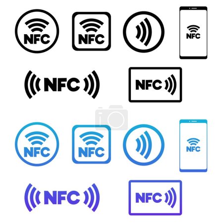 Iconos de tecnología inalámbrica NFC y paquete de símbolos, ilustración vectorial de línea aislada sobre fondo blanco. Pago con tarjeta de crédito o billetera de dinero con dispositivos NFC.