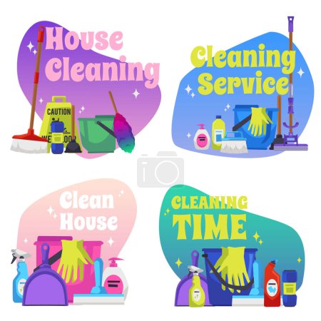 Illustration for Cleaning service decorative designs collection, flat style vector illustration. Cleaning and housekeeping service banners with various home supplies on colorful backdrop. - Royalty Free Image