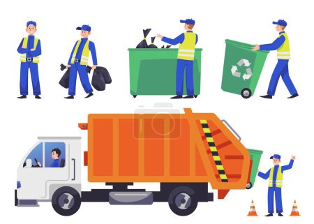 Man collects garbage bags and loads trash bins in truck, flat vector illustration isolated on white background. Set of scenes with janitor character transporting waste for recycling.