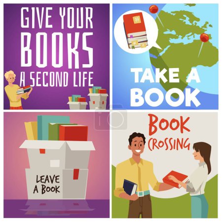 Bookcrossing banners or posters collection for sharing used paper books and reduce environmental pollution, flat vector illustration. Book crossing and exchange.