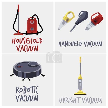 Illustration for Set of various types of vacuum cleaners with names, flat vector illustration isolated on white background. Domestic household vacuum cleaners devices. - Royalty Free Image