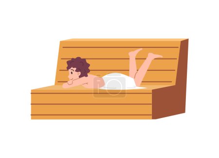 Illustration for Man in sauna steam room laying on wooden bench, cartoon flat vector illustration isolated on white background. Wellness and spa body care procedures. - Royalty Free Image