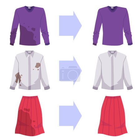 Illustration for Sweater, shirt and skirt before and after washing flat style, vector illustration isolated on white background. Dirty and clean clothes, stains, arrows, design element - Royalty Free Image