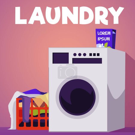 Laundry service advertising poster, flat vector illustration. Washing machine, basket with dirty clothes and washing powder. Laundromat banner.