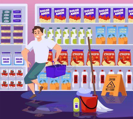 Illustration for Man walks around a puddle on wet floor in supermarket to avoid falling and injury, flat cartoon vector illustration. Buyer in store warned about wet floor danger. - Royalty Free Image