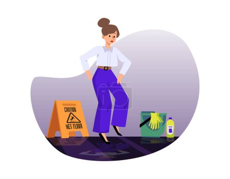 Illustration for Woman moves with care on wet floor in public place or office. Risk of falls and injury on wet floors, flat cartoon vector illustration isolated on white background. - Royalty Free Image