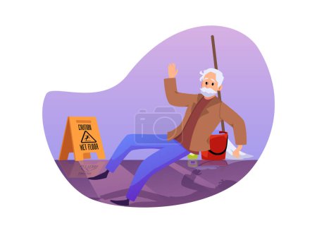 Falling elderly man slipped on wet floor flat style, vector illustration isolated on white background. Cleaning tools, wet floor caution sign, design element